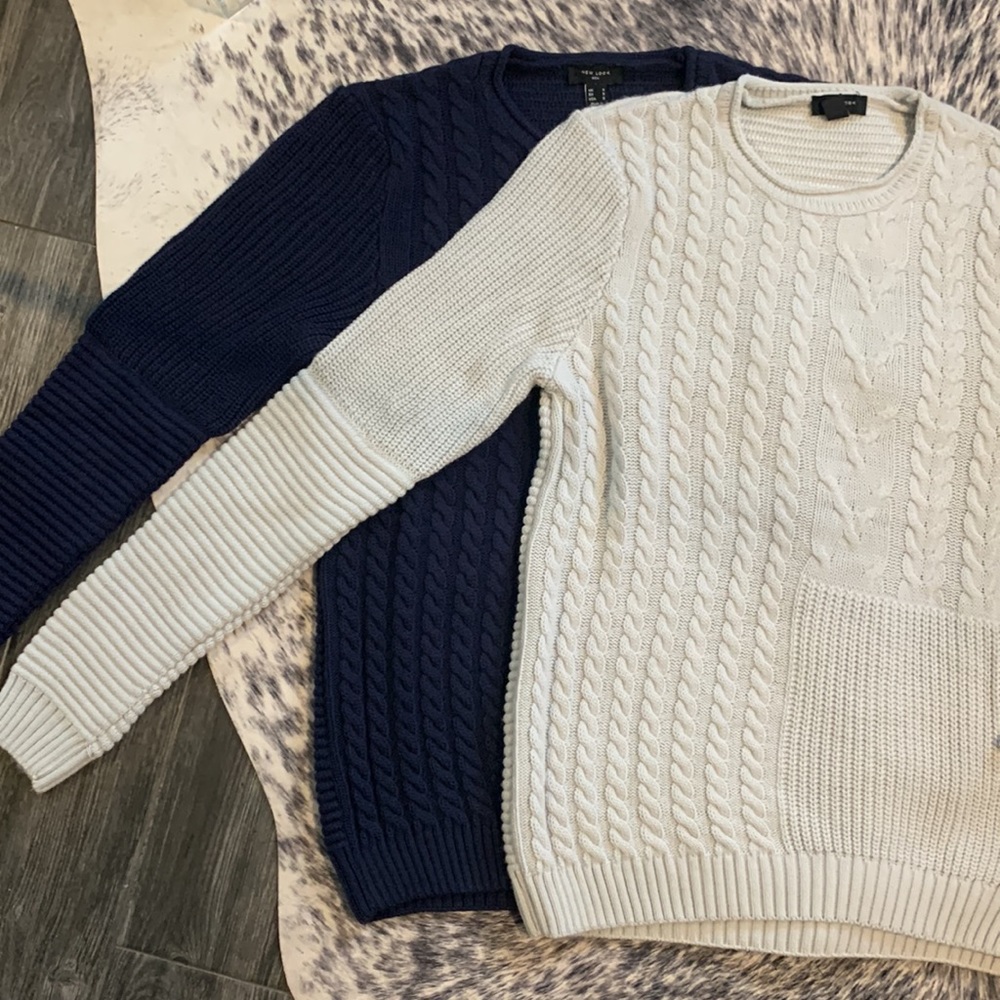 Two New Look sweaters, unique multi-pattern knit.